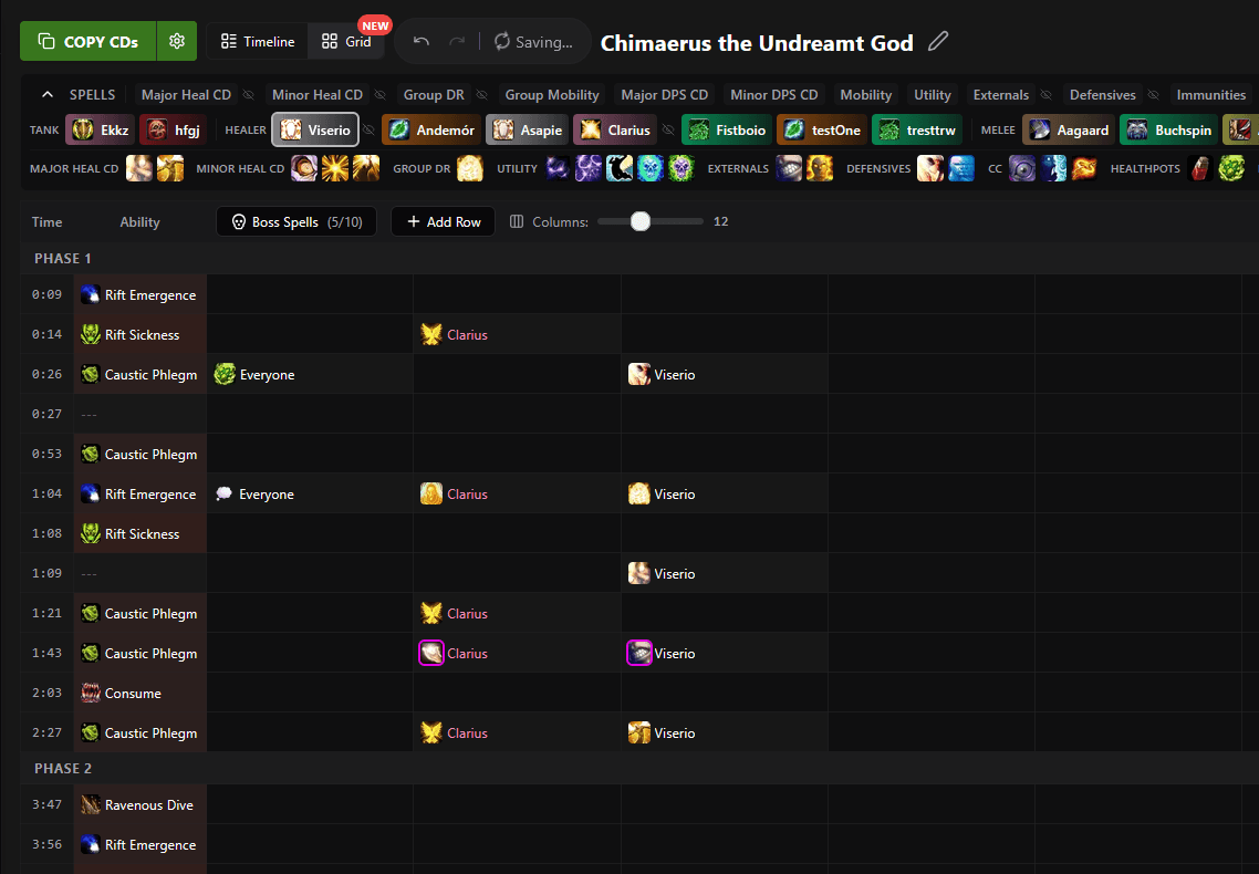 The Viserio Cooldowns grid view, an alternative layout to the timeline editor