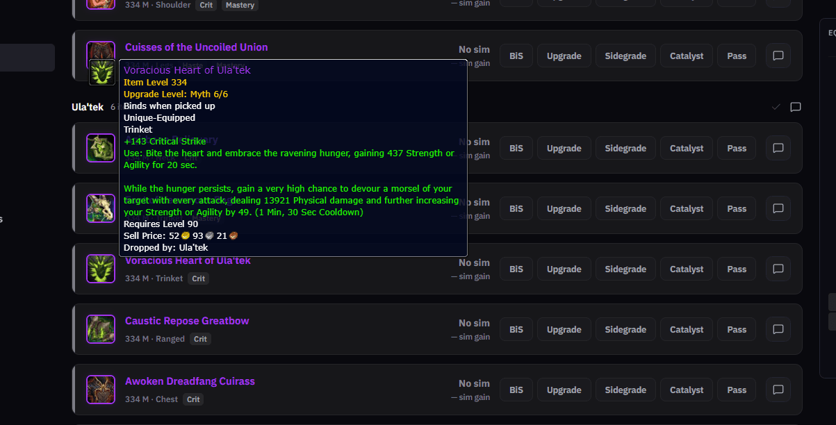 Season 2 wishlist items in the team loot view, with a Wowhead tooltip for a Venomous Abyss drop