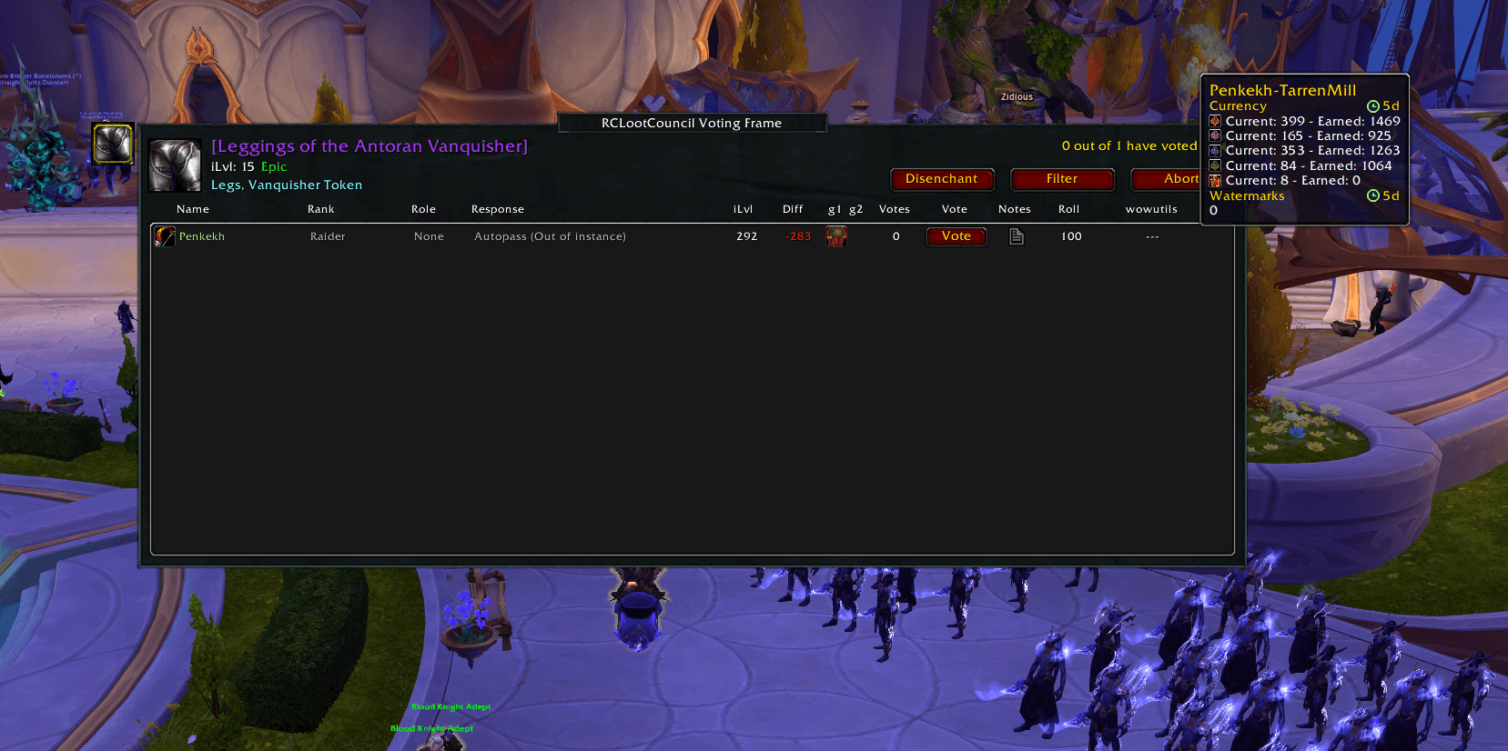 The RCLootCouncil voting window in-game with the WowUtils column, showing a candidate's crest balances and upgrade progress