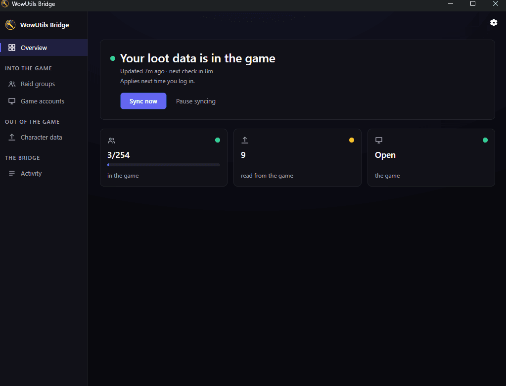 The Bridge Overview screen: your loot data is in the game, with sync status at a glance