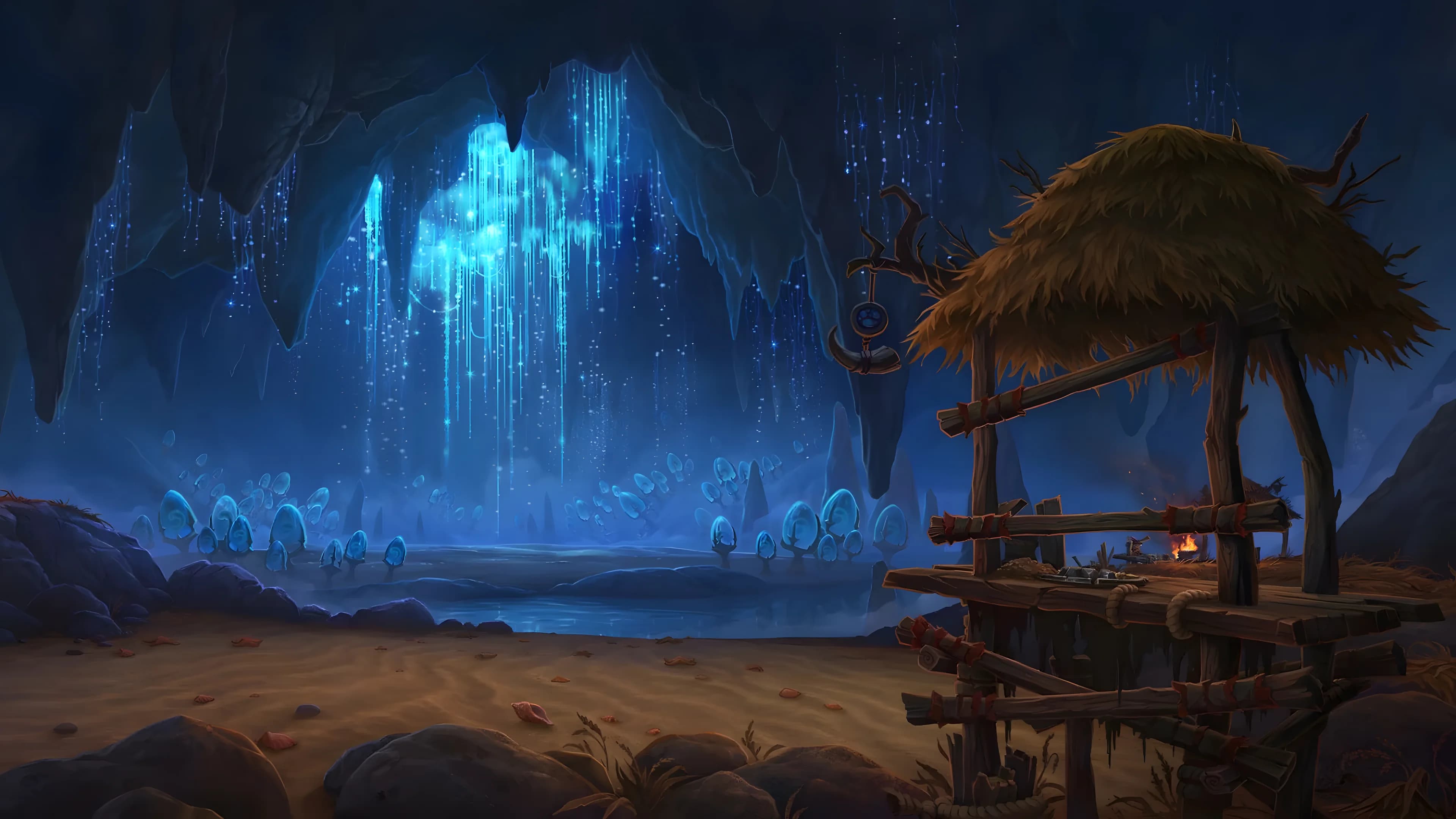 World of Warcraft Midnight concept art: a glowing crystal grotto with a lantern-lit fishing hut on the shore