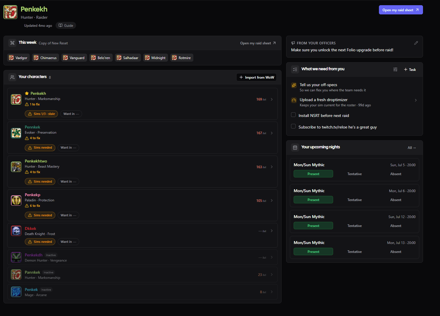 A raider's personal page in the Group Hub, showing their characters, tasks from officers, and upcoming raid nights with signup buttons