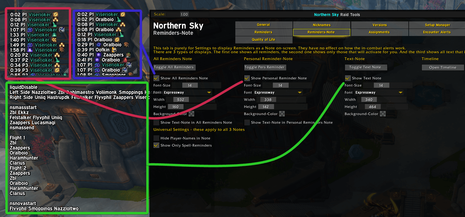 NSRT addon showing the Notes tab and Reminders in-game