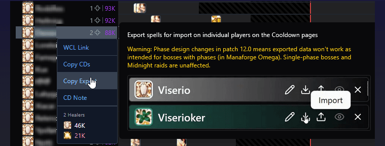 Export options when hovering a player on WCL Top