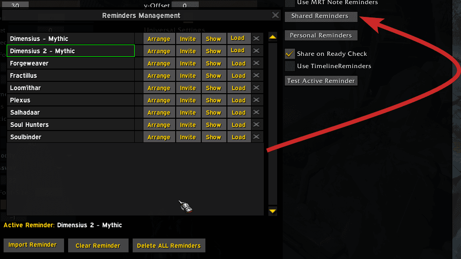 NSRT Reminders Management showing how to toggle the active note