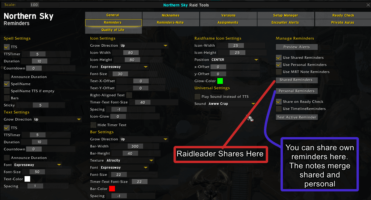 NSRT settings showing where the raidleader shares and where you can share your own reminders