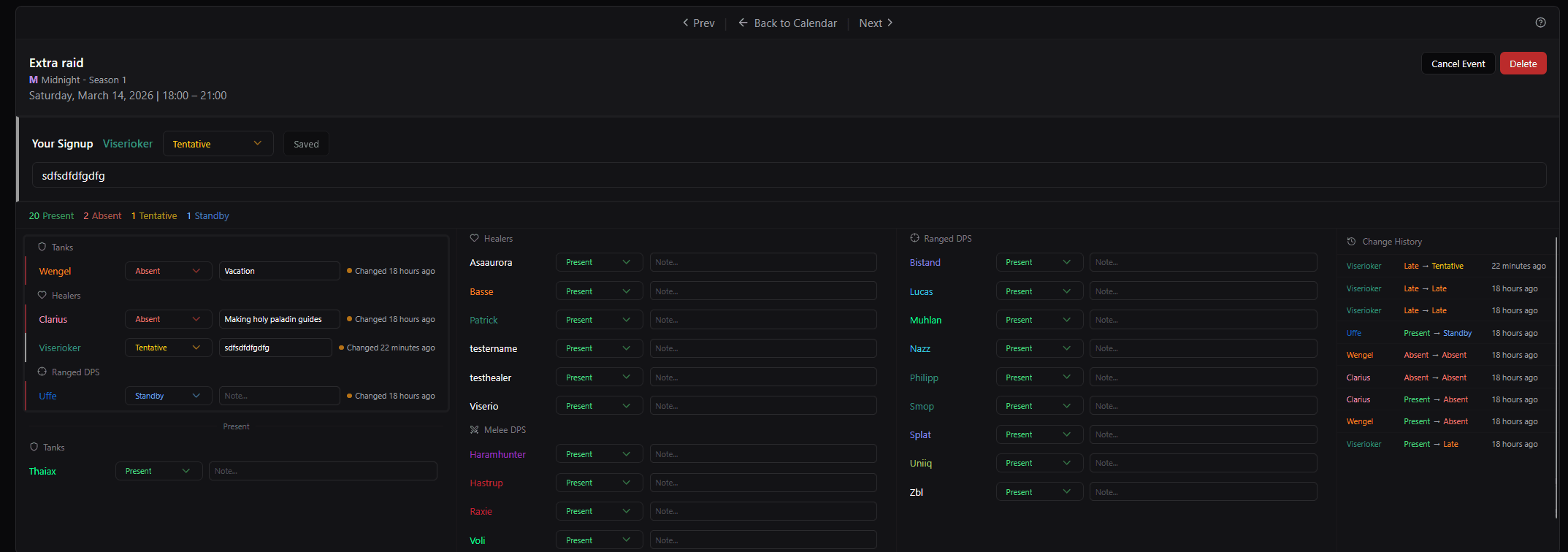 Event detail view with signup statuses and notes