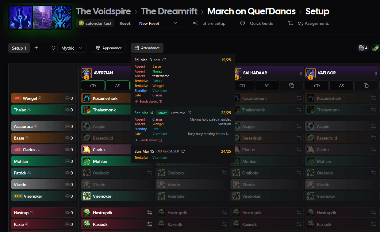 Setup page showing attendance integration with absent and late badges