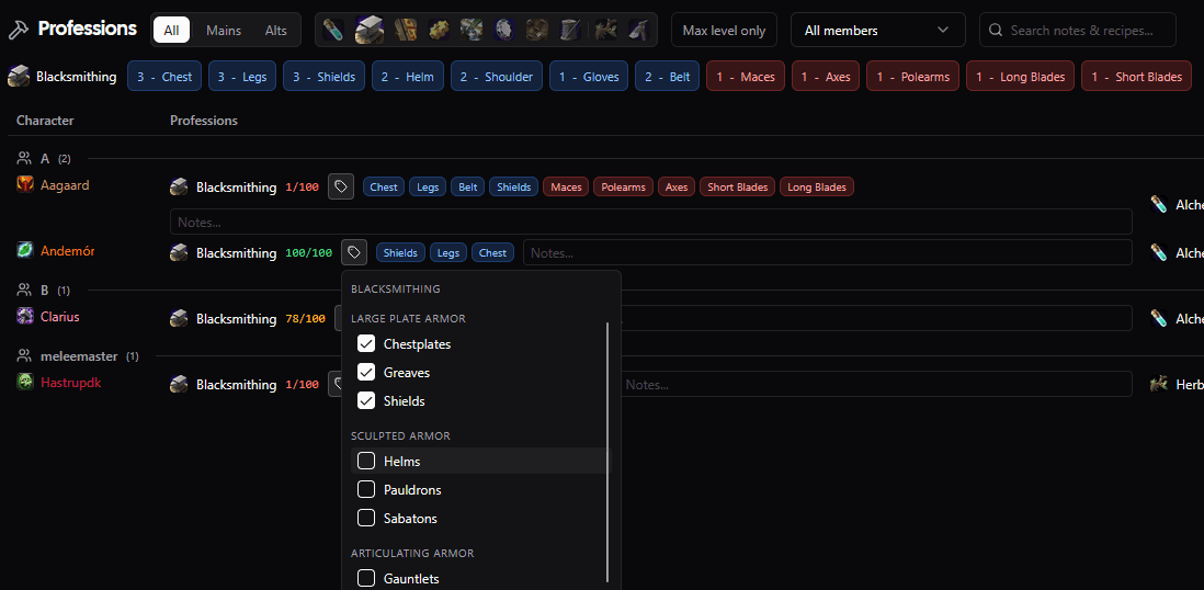 Profession recipe filters