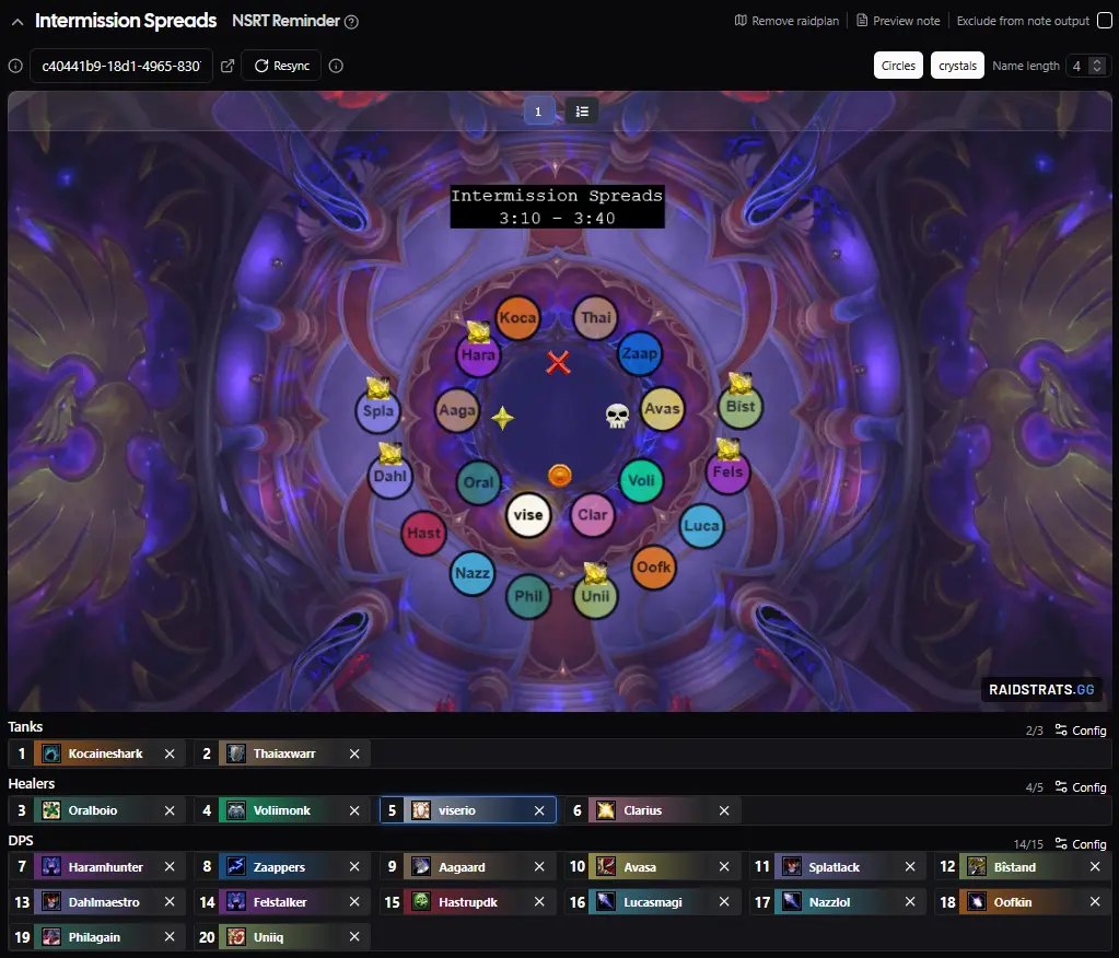 Raidplan embed showing crystal badges on the assigned carriers