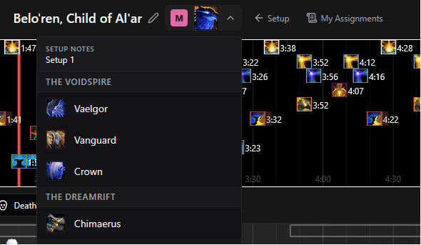 Boss switcher dropdown showing Setup 1 bosses grouped by raid