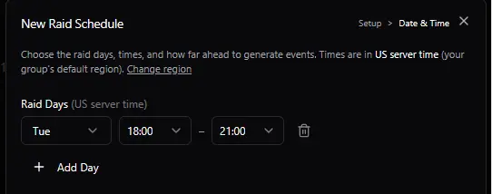 New raid schedule form labeled with US server time
