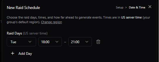 New raid schedule form labeled with US server time