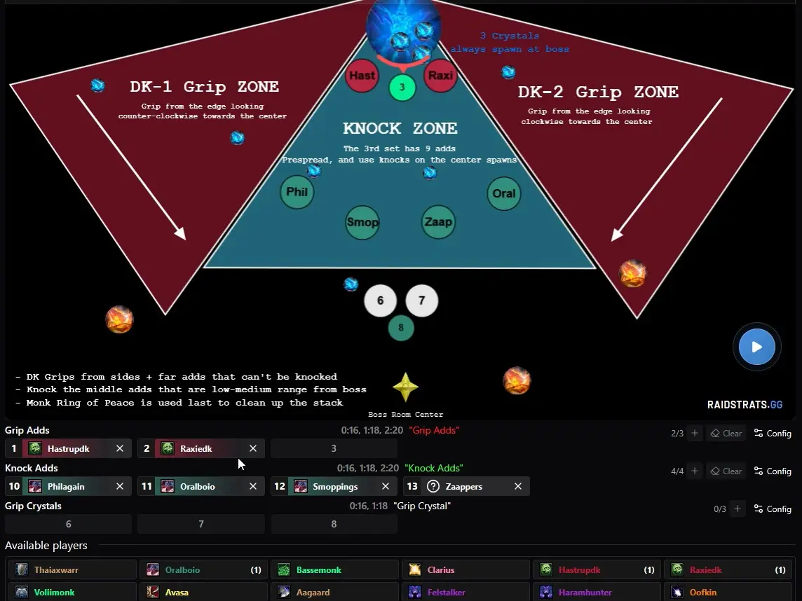 The assignment planner with players placed in fixed grid slots