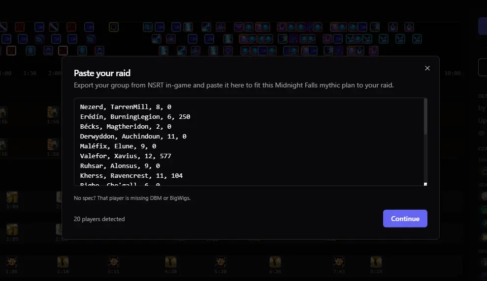 The pasted raid sorted into tanks, healers, and DPS, with any missing specs flagged to set by hand