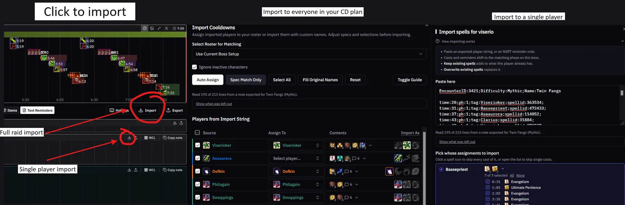 The planner's Import buttons reading an NSRT reminder note, with the raid-wide import matching players to the roster and the single-player import previewing one player's casts