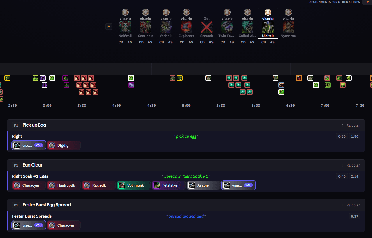 The player sheet for Ula'tek, each assignment block showing a header line with the row title, reminder and timers, and the assigned players underneath
