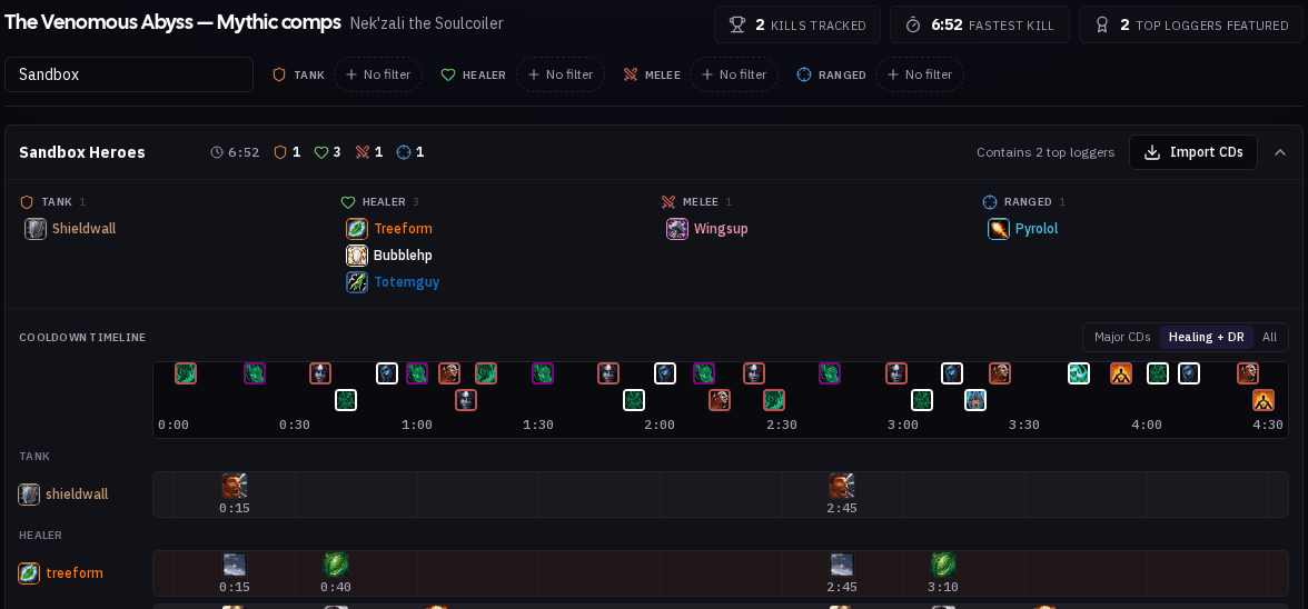 The Top Rankings comps page: a comp card with the Healing + DR cooldown filter selected above its timeline