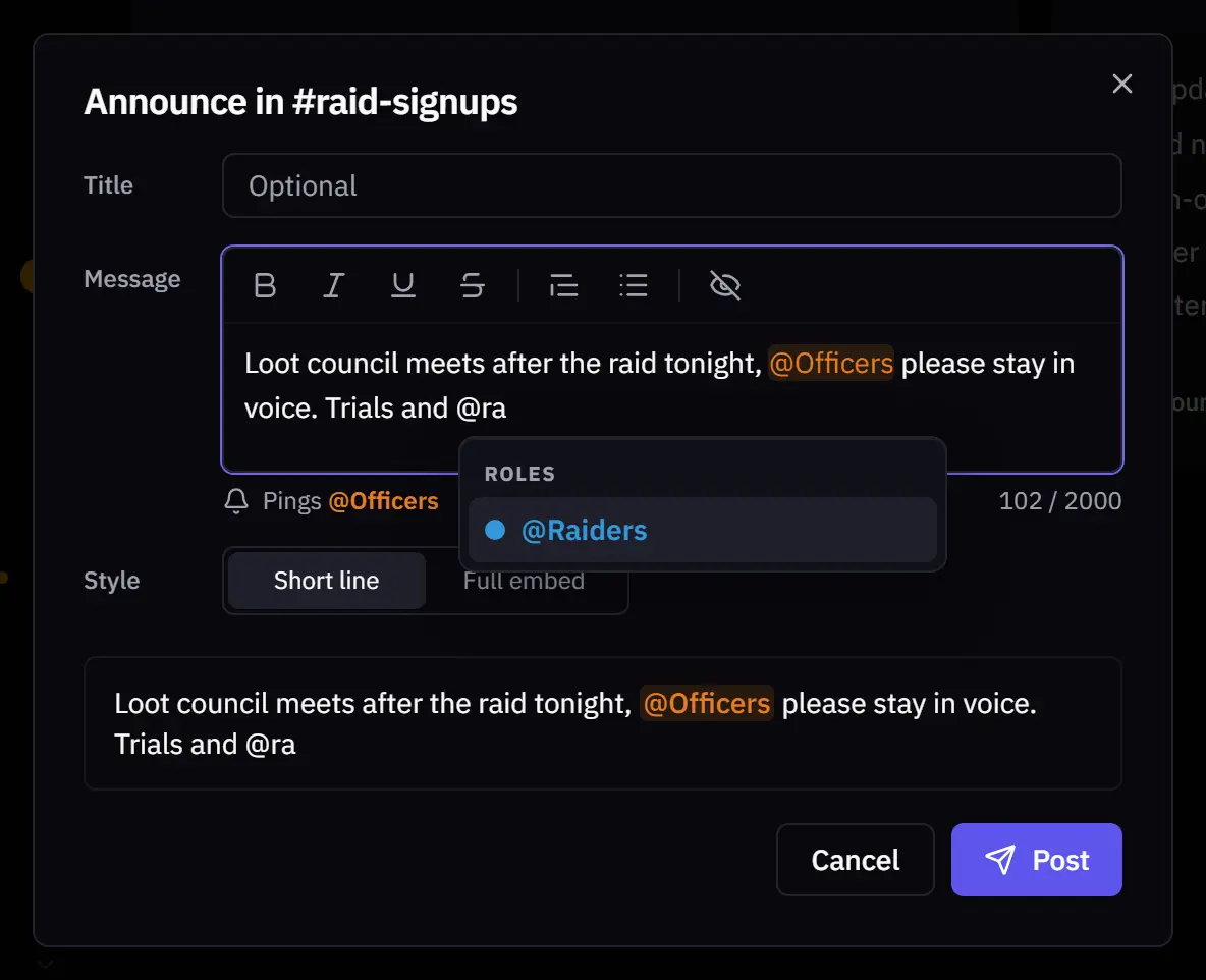 The Announce dialog with an @Officers mention and the role suggestions open for @ra