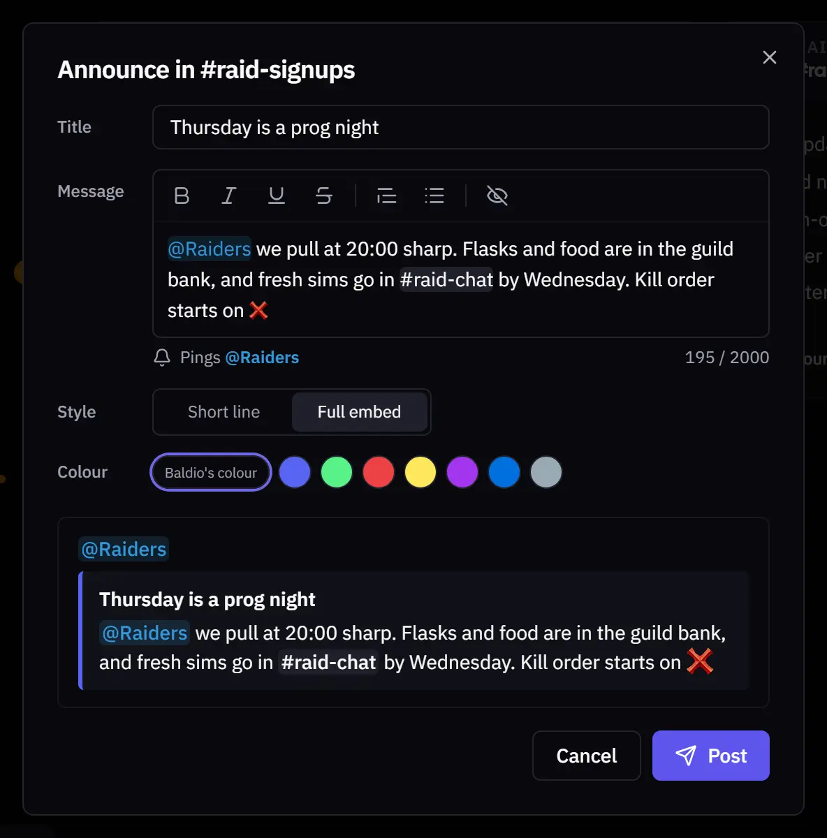 A full embed announcement with an @Raiders mention, a #raid-chat link and a raid marker emoji, previewed below