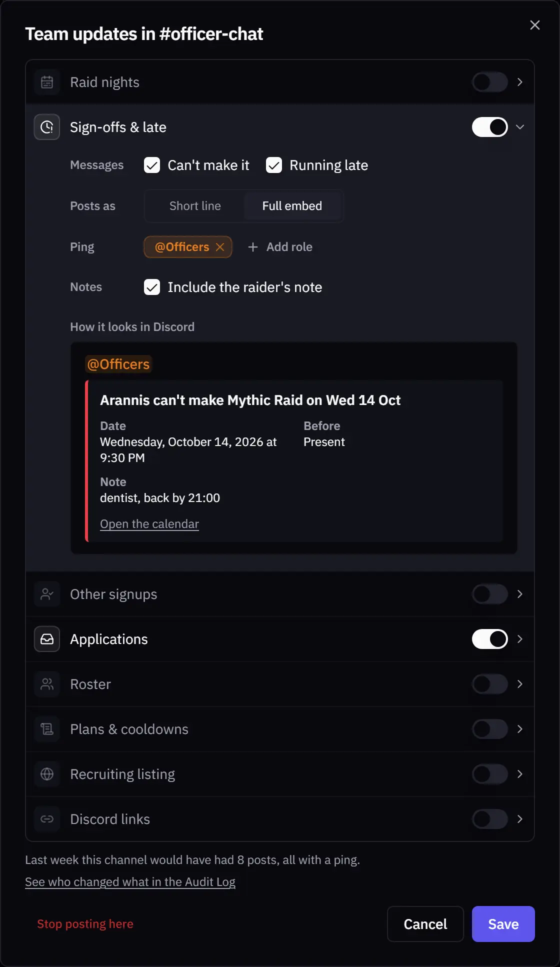 The same settings posting as a full embed, with the embed preview and last week's post count