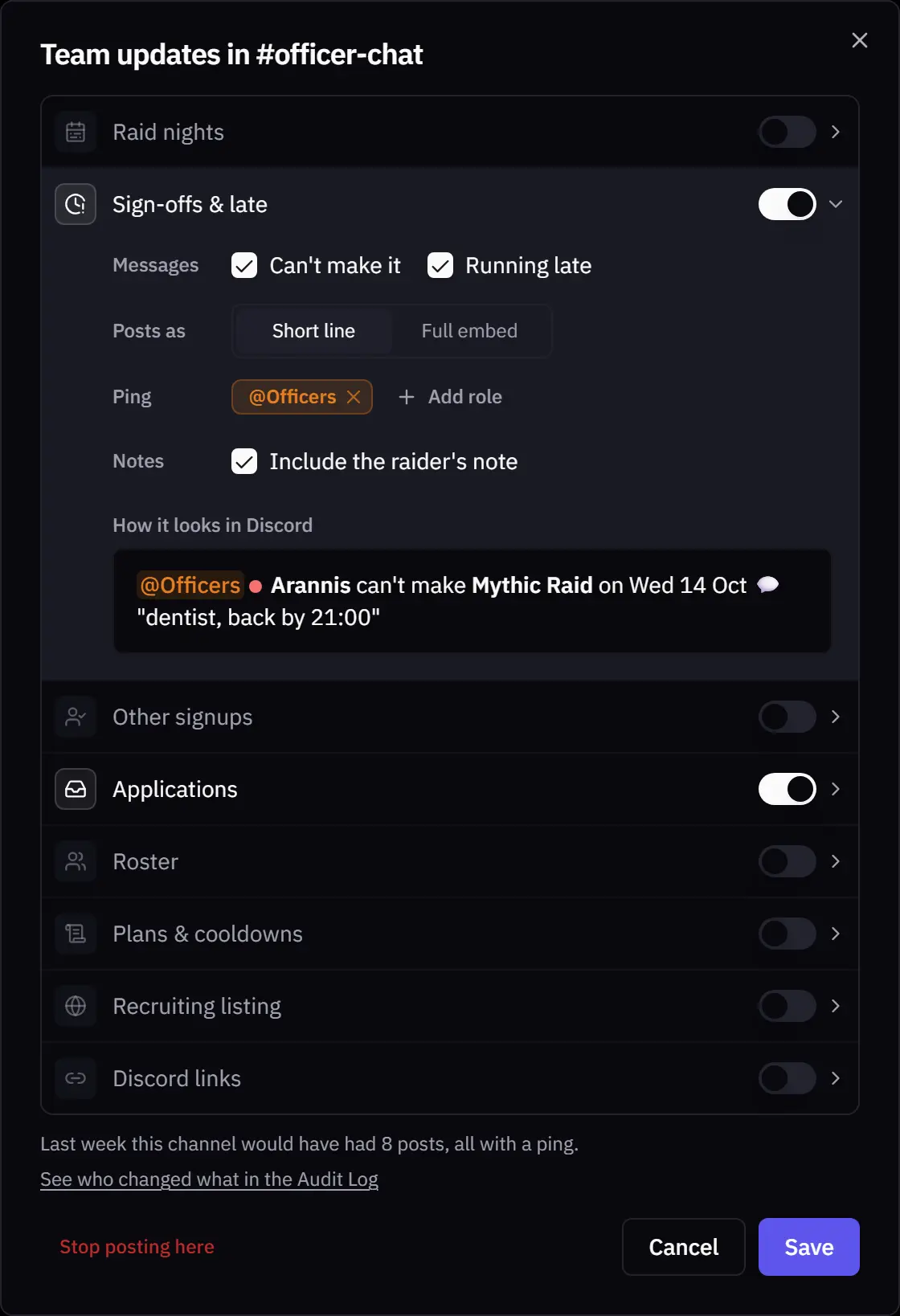 Team updates settings for #officer-chat: Sign-offs & late open, pinging @Officers, posting as a short line