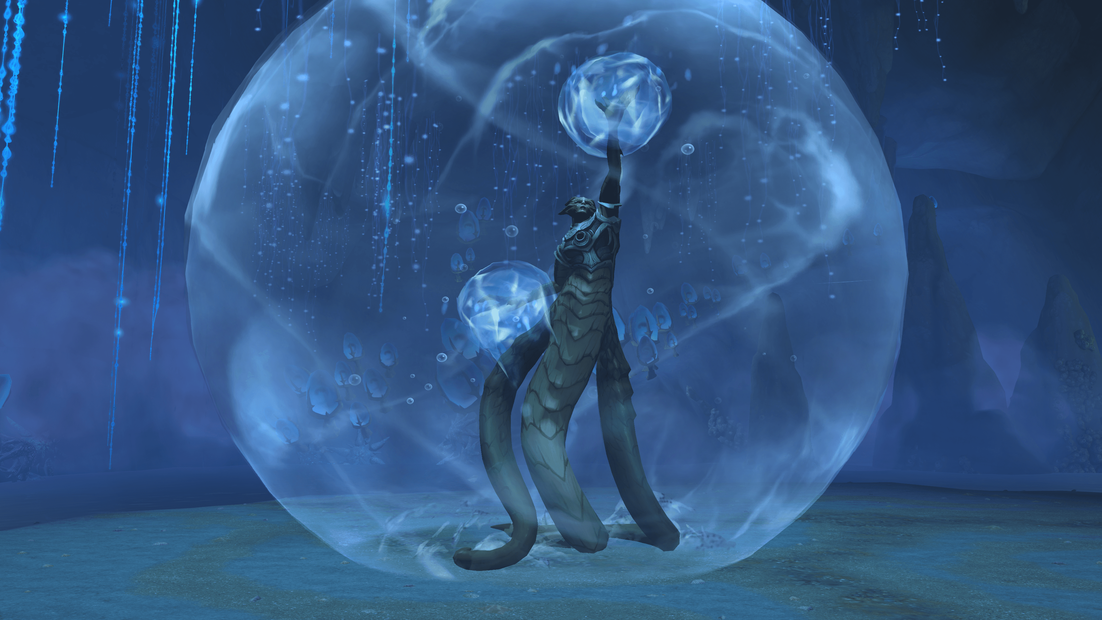 A serpentine Curse of Ula'tek lair boss raising a water orb inside a glowing bubble in a blue cavern