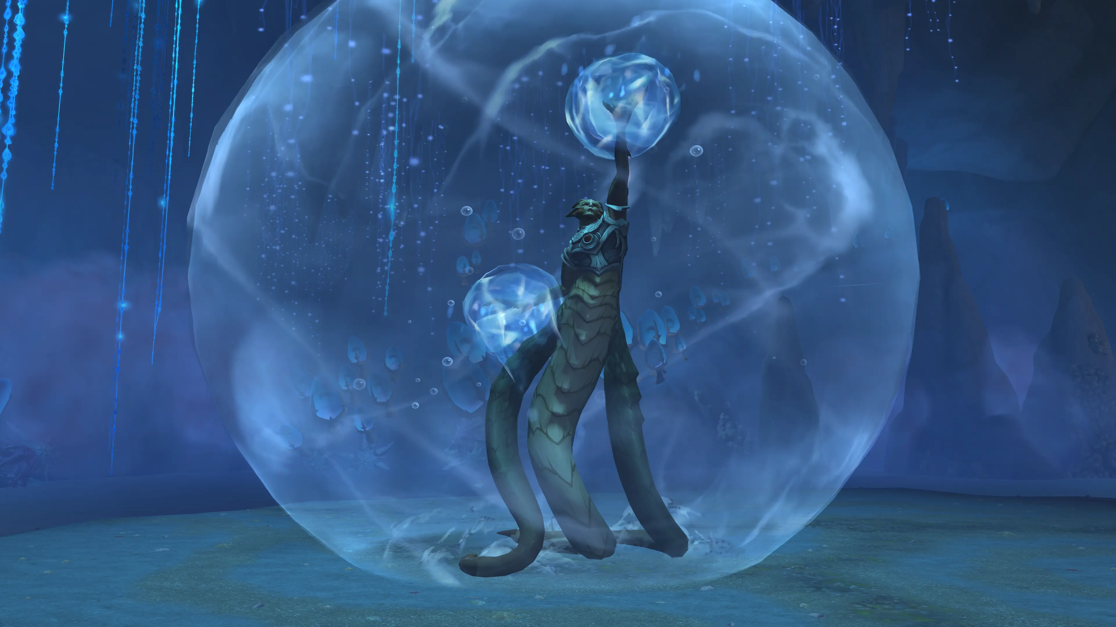 A serpentine Curse of Ula'tek lair boss raising a water orb inside a glowing bubble in a blue cavern