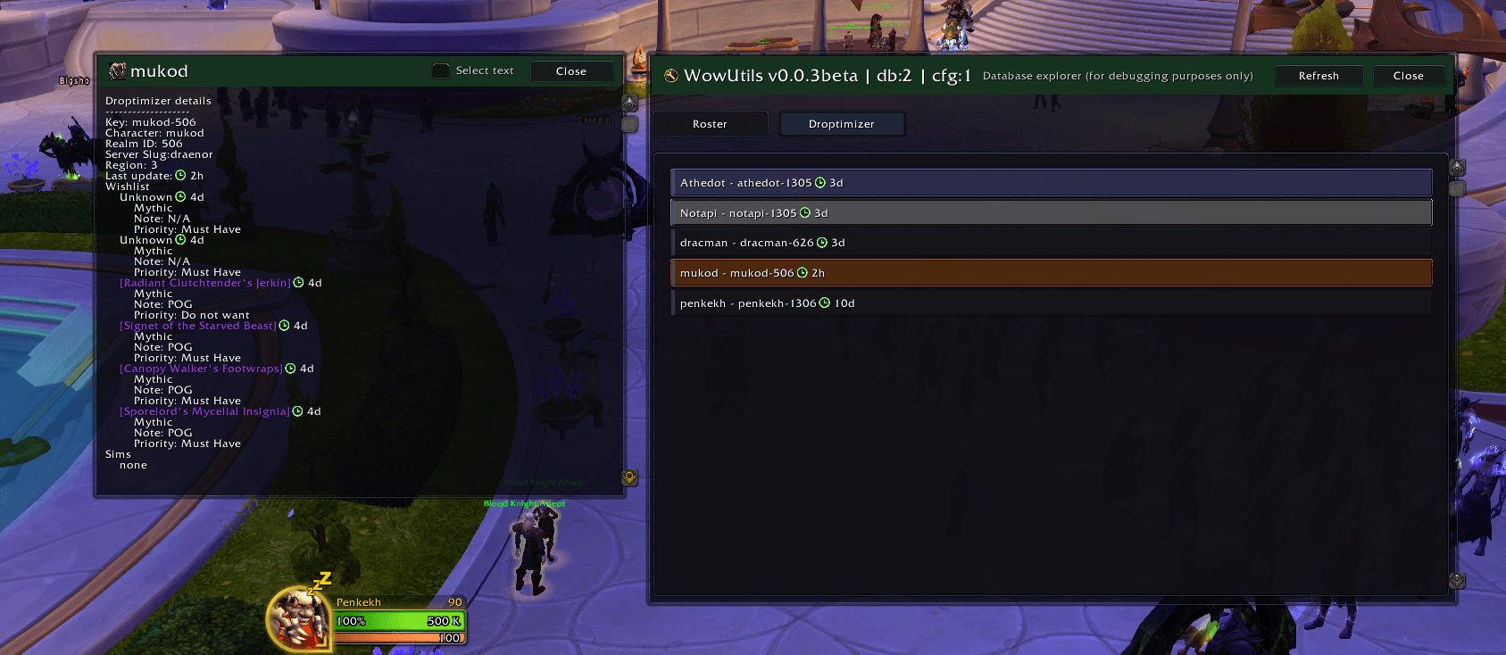 The explorer's Droptimizer tab with a detail window listing a character's wishlist items, priorities, and notes