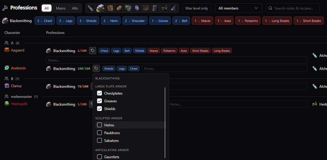 Profession recipe filters