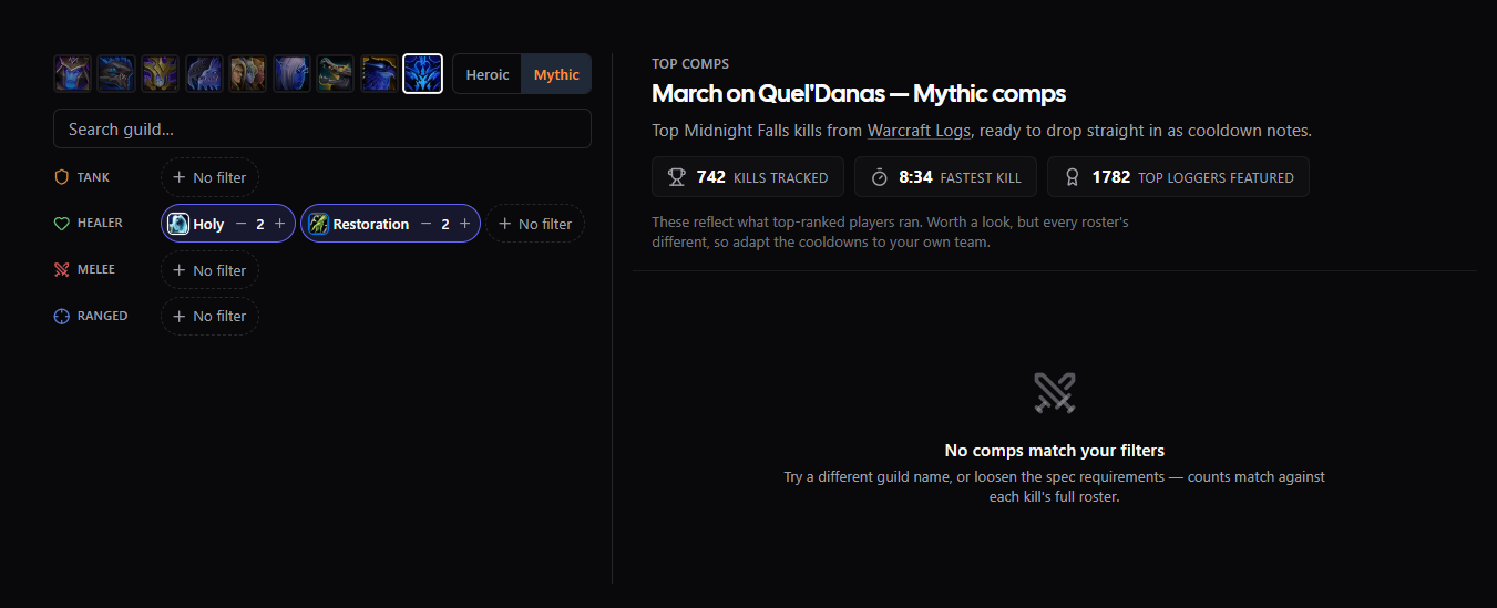 The Top Comps tab on the WCL Top page, showing top guild kills with an Import CDs button
