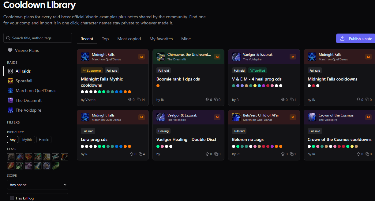 The Cooldown Library, listing community cooldown plans by boss with an import button on each