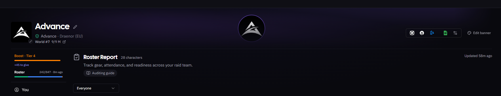 A guild's public recruitment banner on its team page