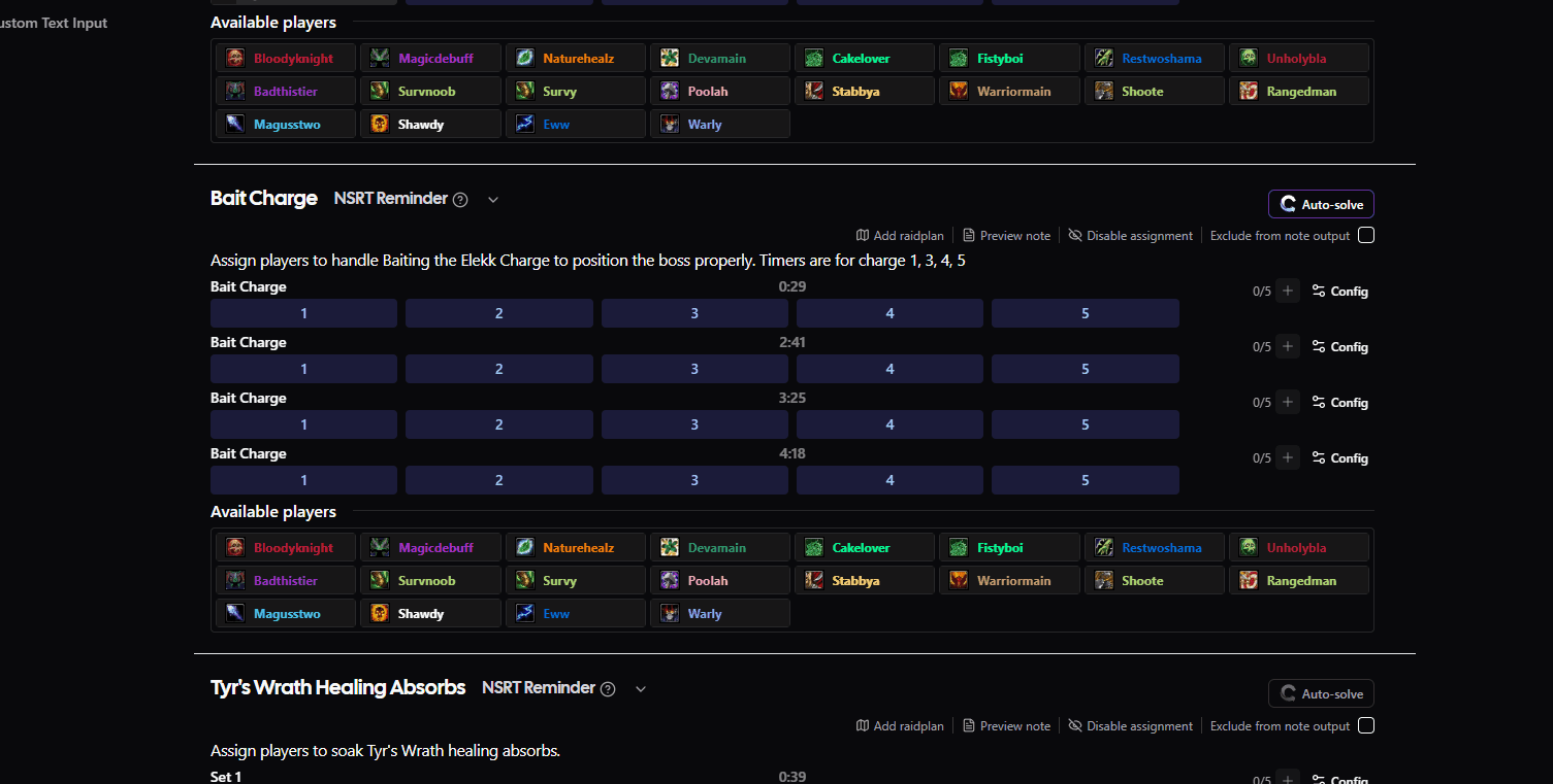 Curio auto-solving a boss's assignment blocks, filling each soak slot from the roster