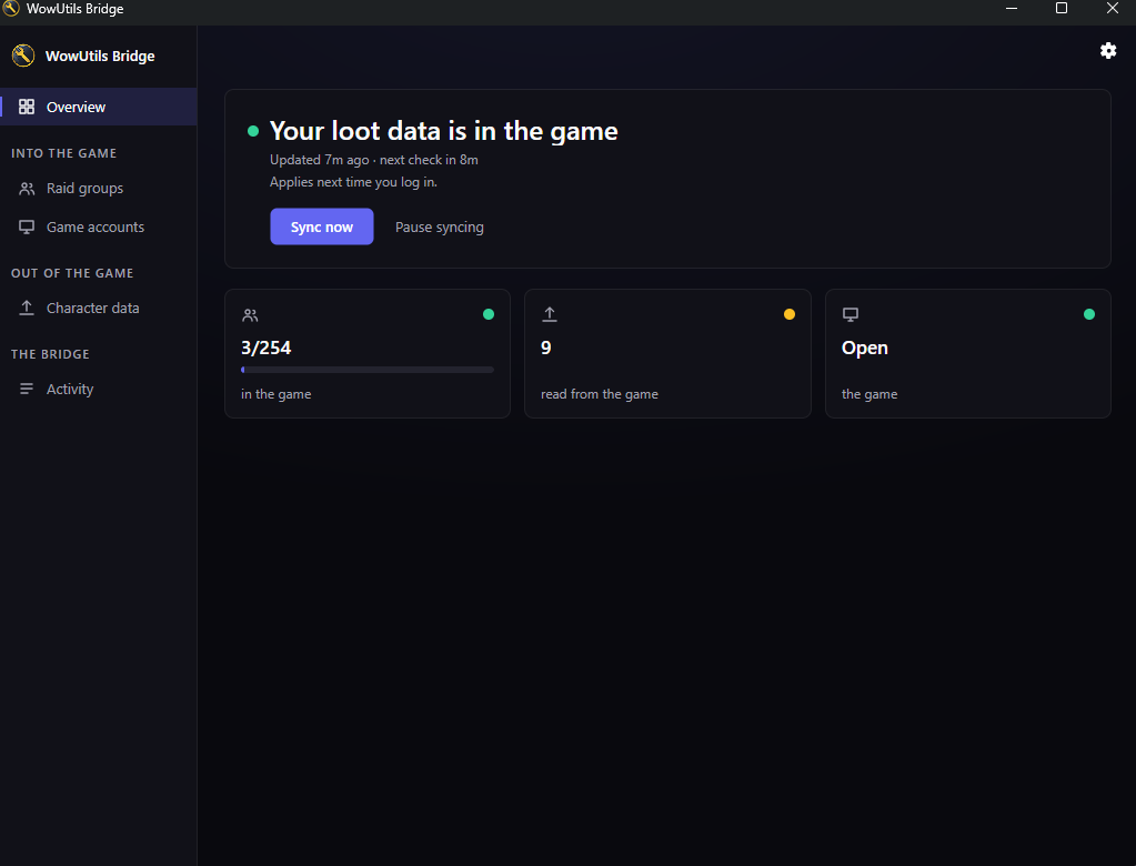 The WowUtils Bridge desktop app showing its connection status and the raid group it syncs
