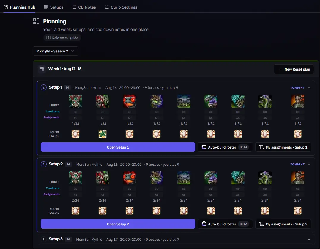 The Planning hub showing Week 1 of Midnight Season 2 with three setups, each listing its bosses, linked cooldowns and assignments, and which bosses you play