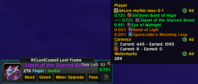 The RCLootCouncil loot frame with the wowutils upgrade percentage on the item, and the same tooltip beside it