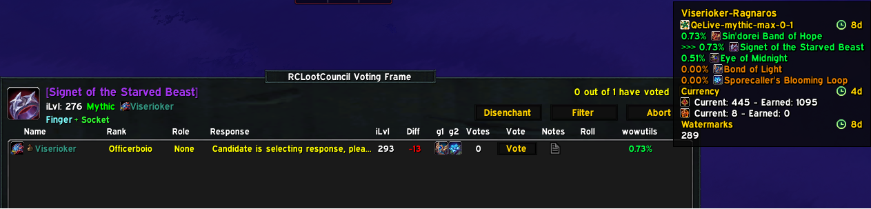 The RCLootCouncil voting frame with a wowutils column showing what the drop gains each candidate, and a tooltip listing their other upgrades, crests earned and banked, and watermarks